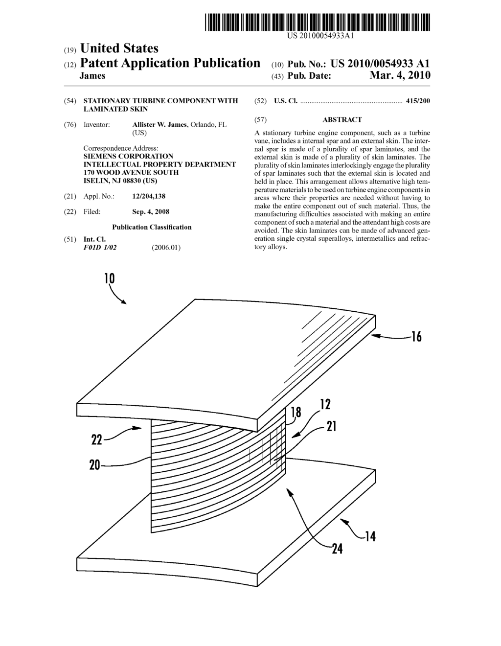 STATIONARY TURBINE COMPONENT WITH LAMINATED SKIN - diagram, schematic, and image 01