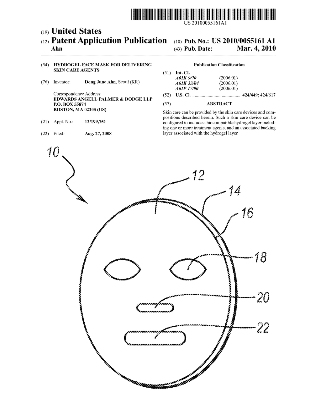 HYDROGEL FACE MASK FOR DELIVERING SKIN CARE AGENTS - diagram, schematic, and image 01