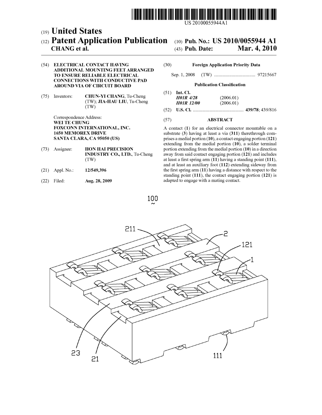 ELECTRICAL CONTACT HAVING ADDITIONAL MOUNTING FEET ARRANGED TO ENSURE RELIABLE ELECTRICAL CONNECTIONS WITH CONDUCTIVE PAD AROUND VIA OF CIRCUIT BOARD - diagram, schematic, and image 01