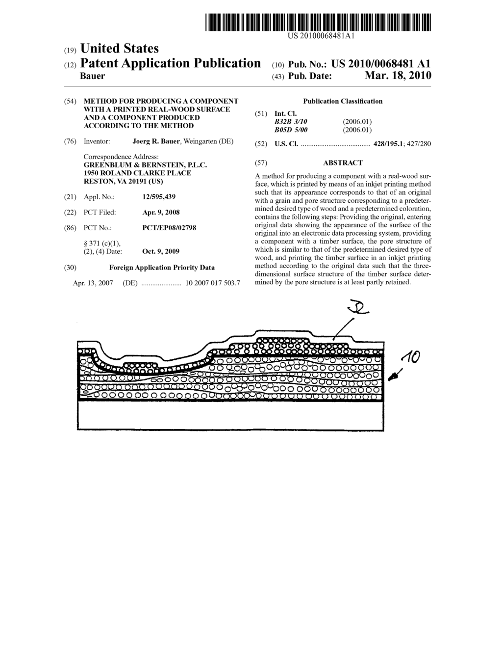 METHOD FOR PRODUCING A COMPONENT WITH A PRINTED REAL-WOOD SURFACE AND A COMPONENT PRODUCED ACCORDING TO THE METHOD - diagram, schematic, and image 01