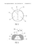 Lens body equipped with a light emitting device capable of generating two-side illumination diagram and image