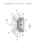 Lens body equipped with a light emitting device capable of generating two-side illumination diagram and image