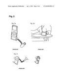 Hands-free device holder for securing hand-held portable electronic device with a screen diagram and image