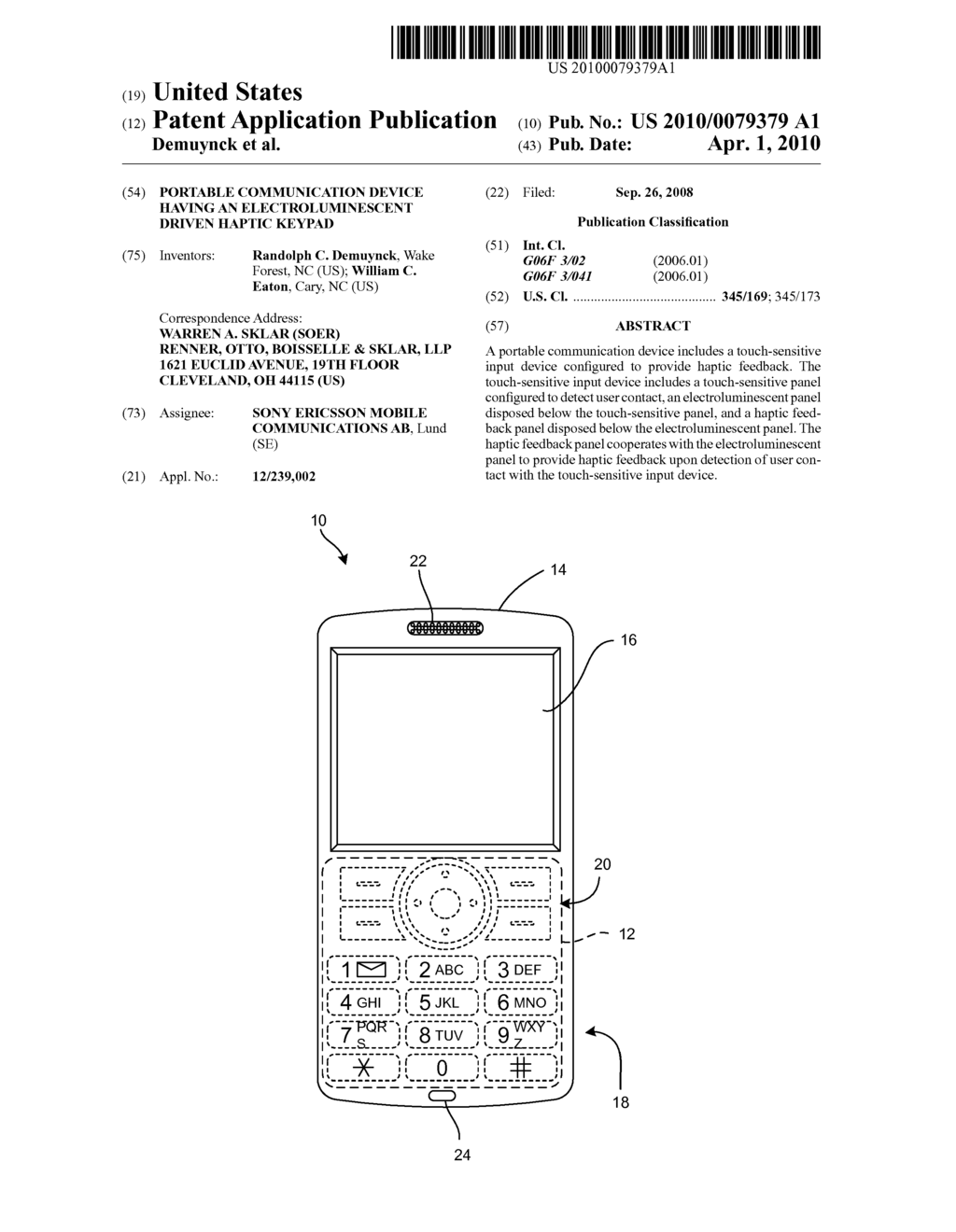 PORTABLE COMMUNICATION DEVICE HAVING AN ELECTROLUMINESCENT DRIVEN HAPTIC KEYPAD - diagram, schematic, and image 01