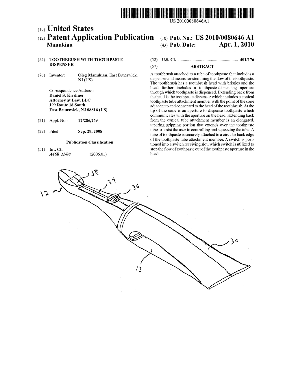 TOOTHBRUSH WITH TOOTHPASTE DISPENSER - diagram, schematic, and image 01