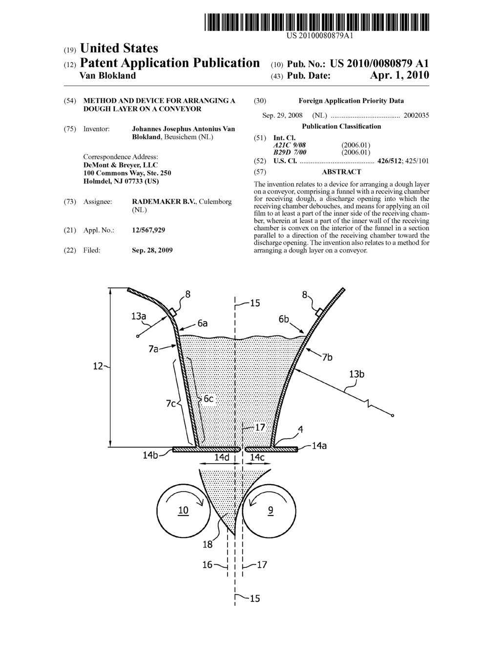 Method and device for arranging a dough layer on a conveyor - diagram, schematic, and image 01