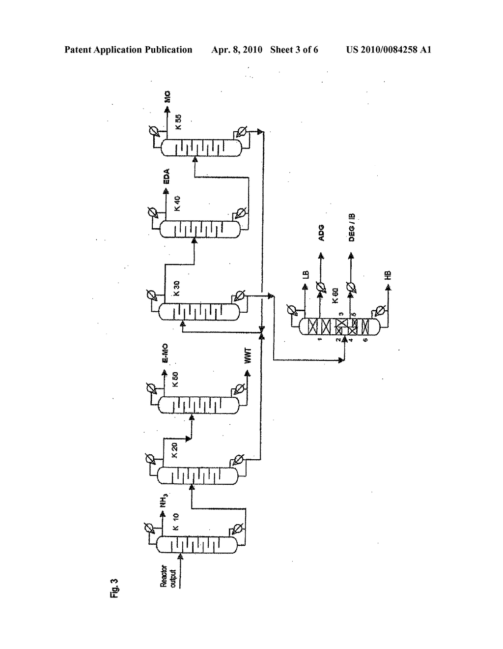 METHOD FOR THE CONTINUOUS SEPARATION OF MIXTURES COMPRISING MORPHOLINE (MO), MONOAMINODIGLYCOL (ADG), AMMONIA AND WATER BY MEANS OF DISTILLATION - diagram, schematic, and image 04