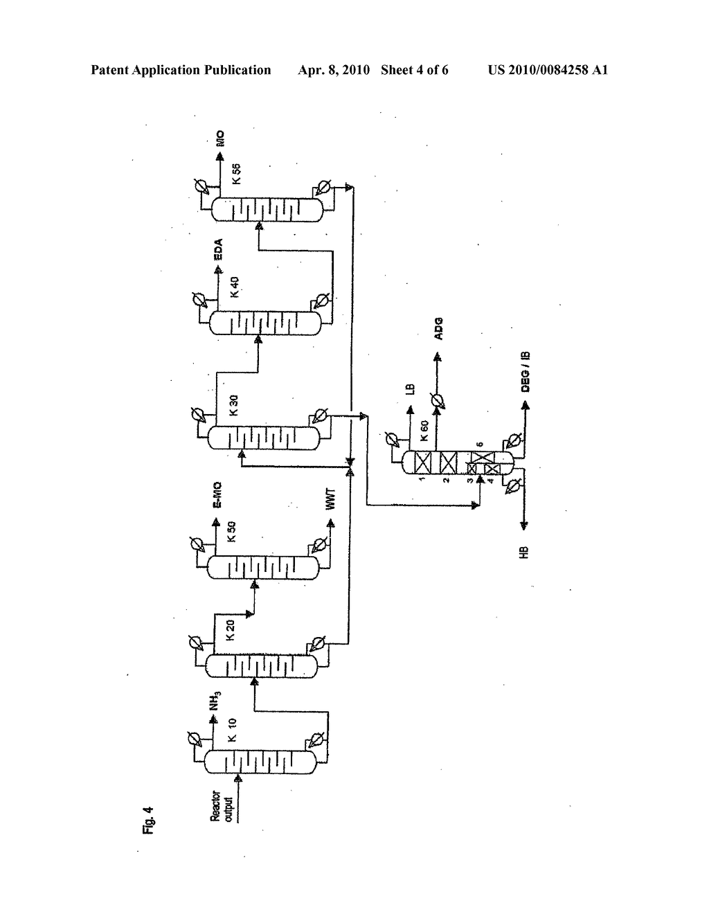 METHOD FOR THE CONTINUOUS SEPARATION OF MIXTURES COMPRISING MORPHOLINE (MO), MONOAMINODIGLYCOL (ADG), AMMONIA AND WATER BY MEANS OF DISTILLATION - diagram, schematic, and image 05