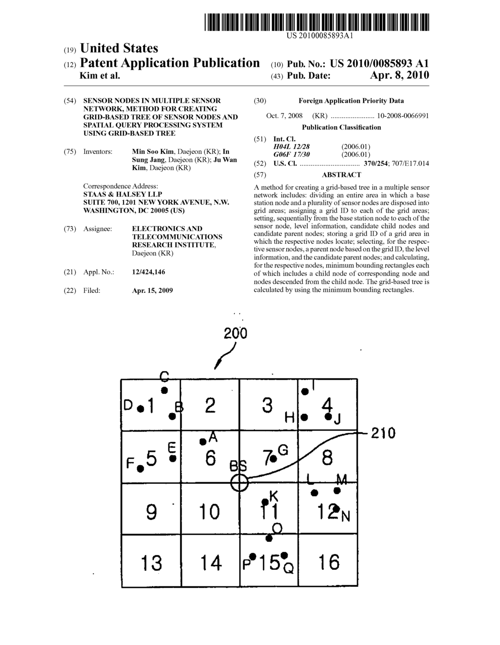 SENSOR NODES IN MULTIPLE SENSOR NETWORK, METHOD FOR CREATING GRID-BASED TREE OF SENSOR NODES AND SPATIAL QUERY PROCESSING SYSTEM USING GRID-BASED TREE - diagram, schematic, and image 01