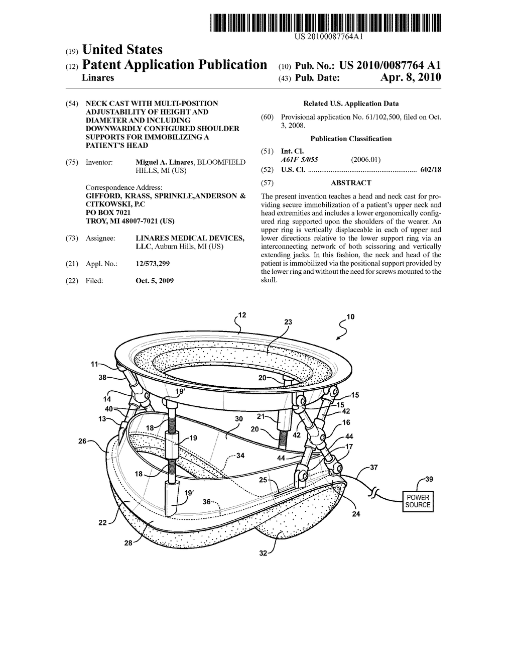 NECK CAST WITH MULTI-POSITION ADJUSTABILITY OF HEIGHT AND DIAMETER AND INCLUDING DOWNWARDLY CONFIGURED SHOULDER SUPPORTS FOR IMMOBILIZING A PATIENT'S HEAD - diagram, schematic, and image 01