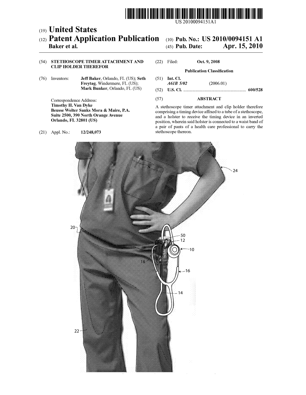 Stethoscope Timer Attachment and Clip Holder Therefor - diagram, schematic, and image 01