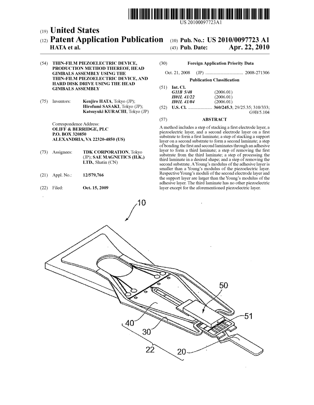 THIN-FILM PIEZOELECTRIC DEVICE, PRODUCTION METHOD THEREOF, HEAD GIMBALS ASSEMBLY USING THE THIN-FILM PIEZOELECTRIC DEVICE, AND HARD DISK DRIVE USING THE HEAD GIMBALS ASSEMBLY - diagram, schematic, and image 01