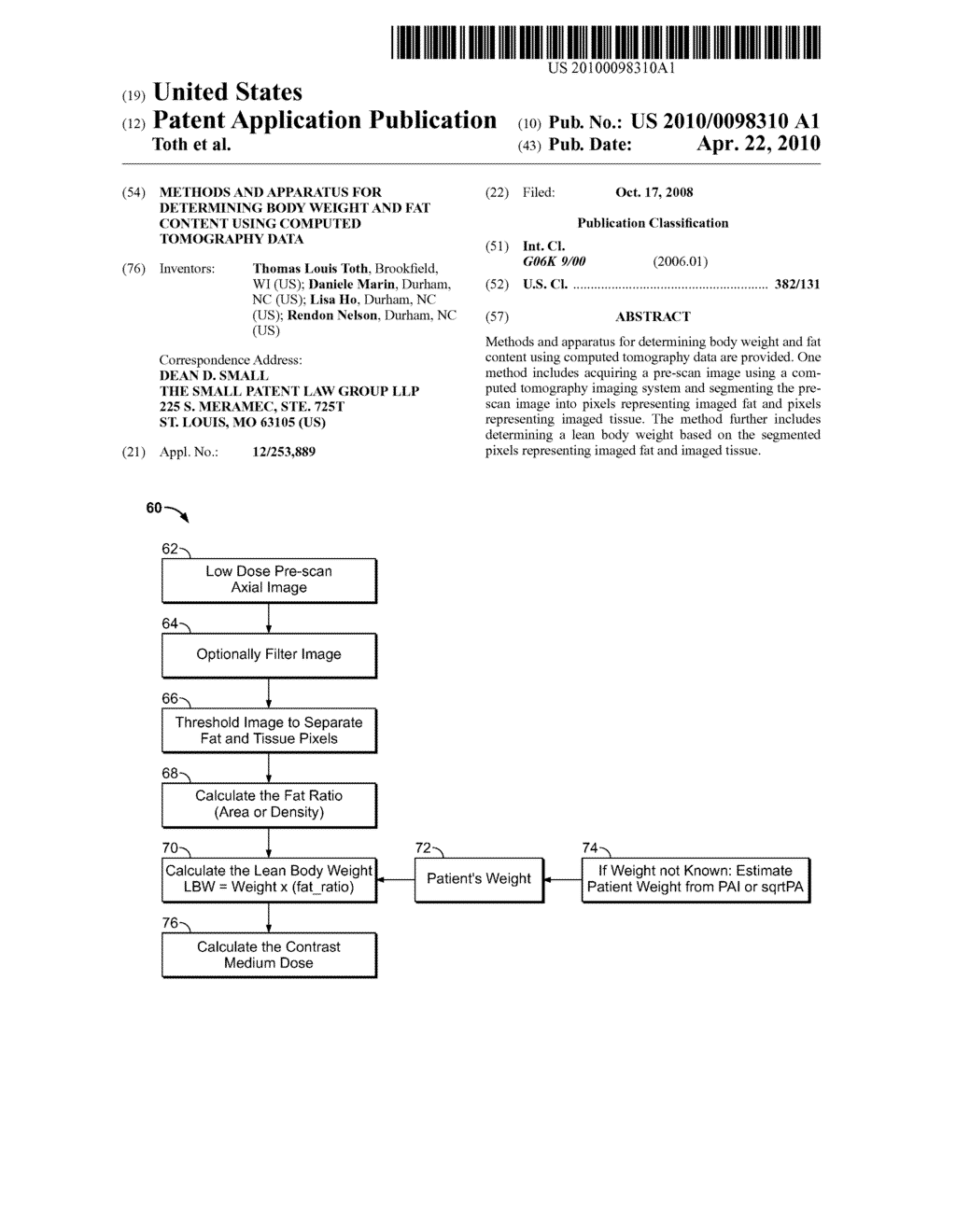 METHODS AND APPARATUS FOR DETERMINING BODY WEIGHT AND FAT CONTENT USING COMPUTED TOMOGRAPHY DATA - diagram, schematic, and image 01