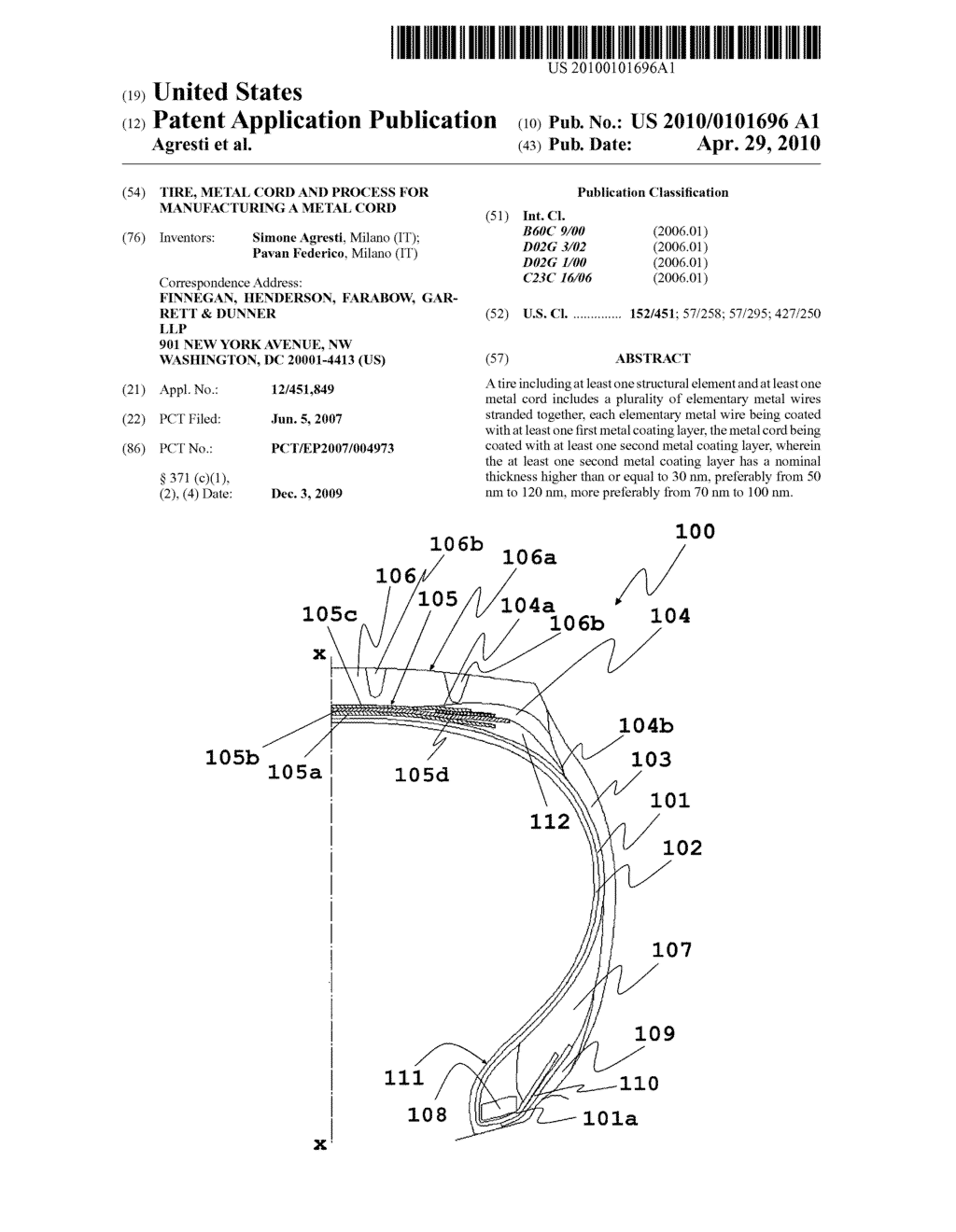 TIRE, METAL CORD AND PROCESS FOR MANUFACTURING A METAL CORD - diagram, schematic, and image 01