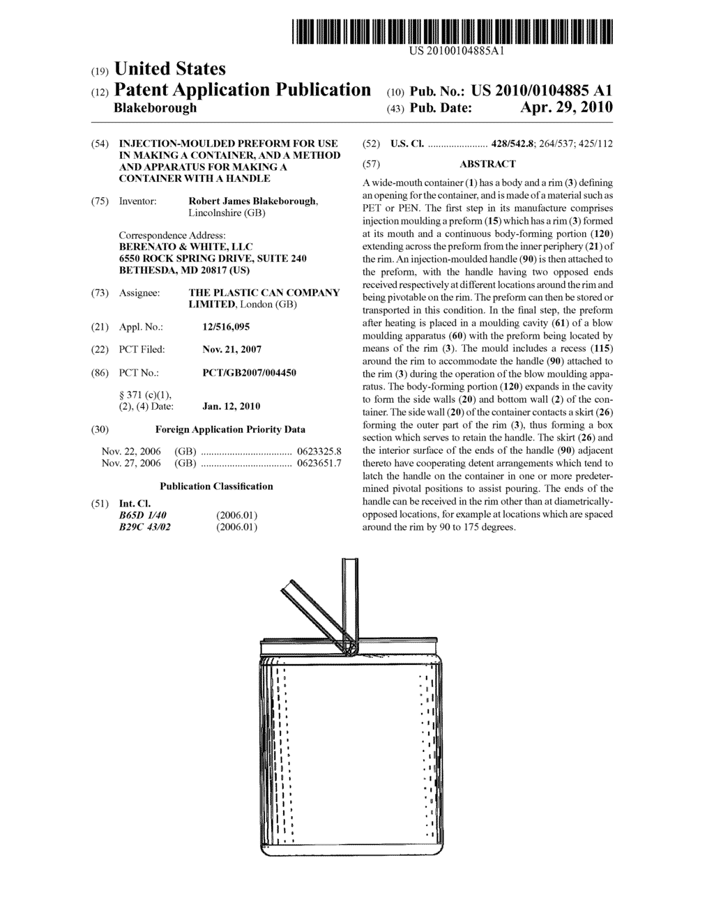 INJECTION-MOULDED PREFORM FOR USE IN MAKING A CONTAINER, AND A METHOD AND APPARATUS FOR MAKING A CONTAINER WITH A HANDLE - diagram, schematic, and image 01