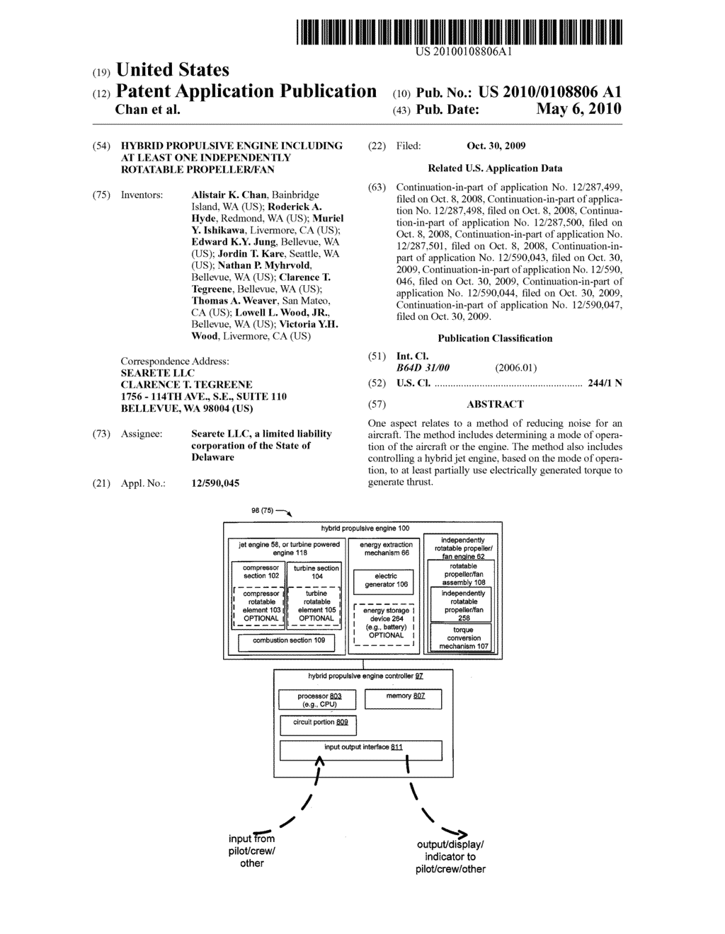 Hybrid propulsive engine including at least one independently rotatable propeller/fan - diagram, schematic, and image 01