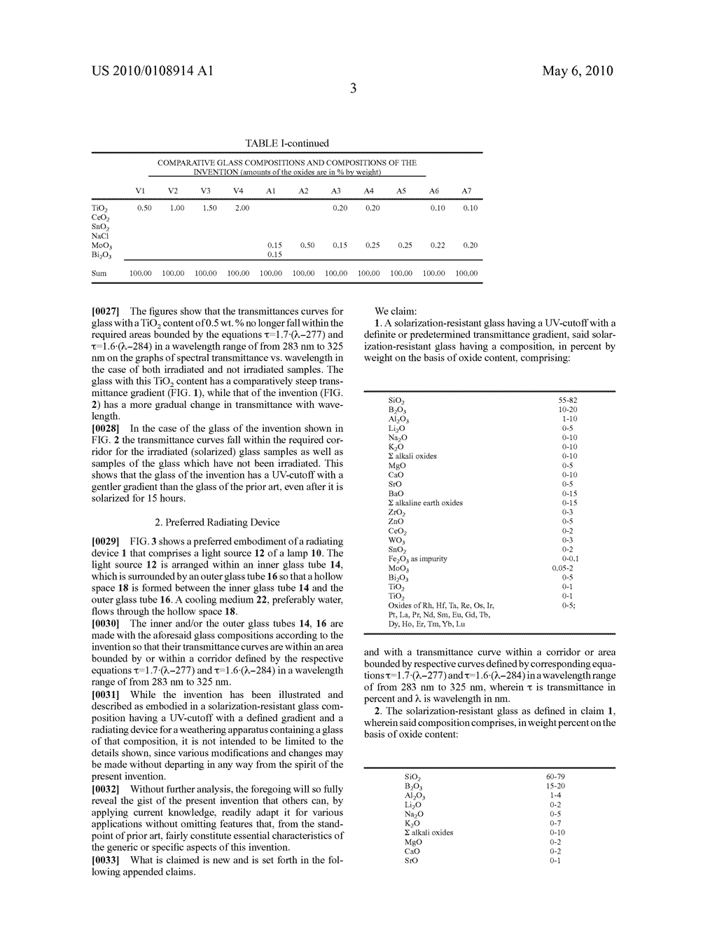 Solarization-resistant glass composition having a UV-cutoff with a definite transmittance gradient and radiating device for a weathering apparatus containing a glass of said composition - diagram, schematic, and image 07