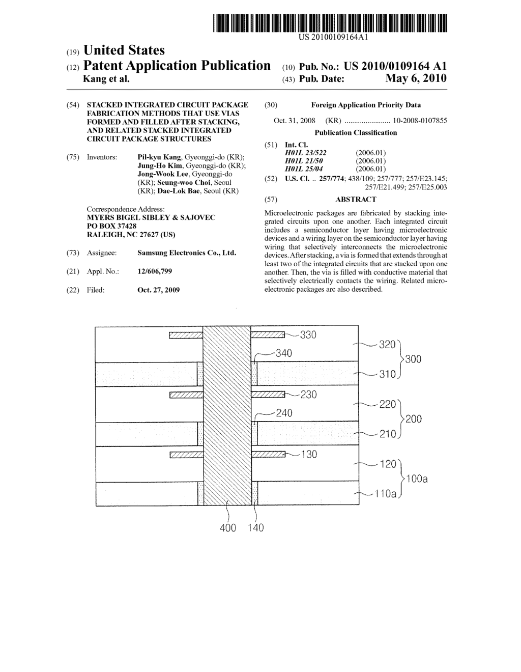 STACKED INTEGRATED CIRCUIT PACKAGE FABRICATION METHODS THAT USE VIAS FORMED AND FILLED AFTER STACKING, AND RELATED STACKED INTEGRATED CIRCUIT PACKAGE STRUCTURES - diagram, schematic, and image 01