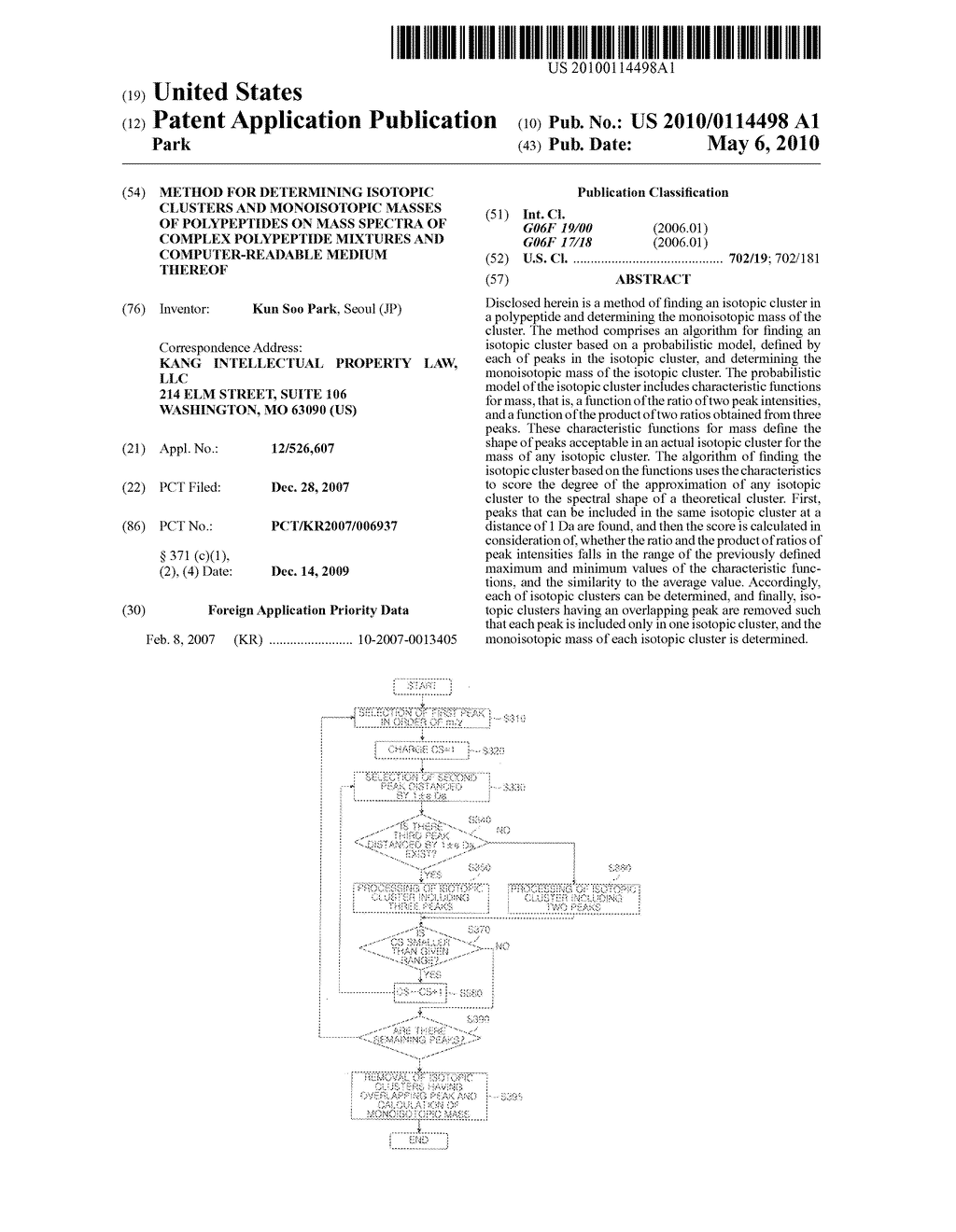 METHOD FOR DETERMINING ISOTOPIC CLUSTERS AND MONOISOTOPIC MASSES OF POLYPEPTIDES ON MASS SPECTRA OF COMPLEX POLYPEPTIDE MIXTURES AND COMPUTER-READABLE MEDIUM THEREOF - diagram, schematic, and image 01