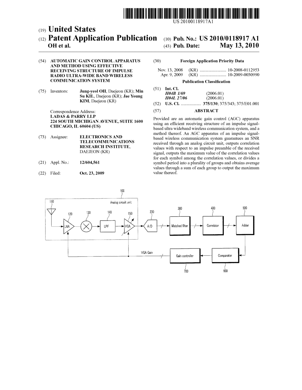 AUTOMATIC GAIN CONTROL APPARATUS AND METHOD USING EFFECTIVE RECEIVING STRUCTURE OF IMPULSE RADIO ULTRA-WIDE BAND WIRELESS COMMUNICATION SYSTEM - diagram, schematic, and image 01