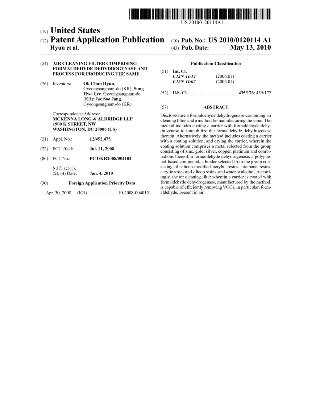 AIR CLEANING FILTER COMPRISING FORMALDEHYDE DEHYDROGENASE AND PROCESS FOR PRODUCING THE SAME - diagram, schematic, and image 01