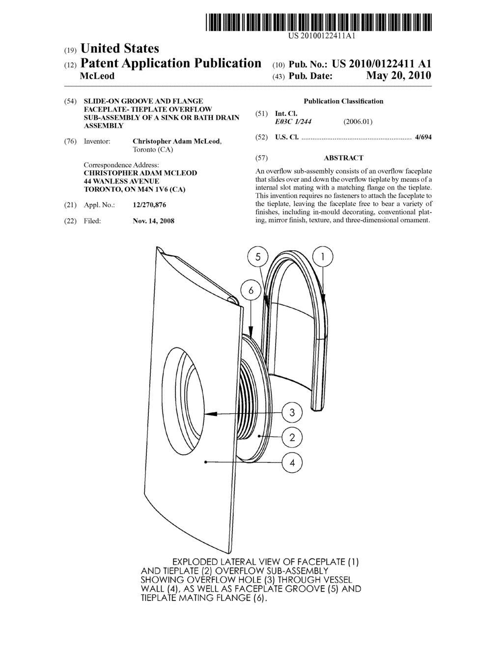 Slide-on groove and flange faceplate- tieplate overflow sub-assembly of a sink or bath drain assembly - diagram, schematic, and image 01