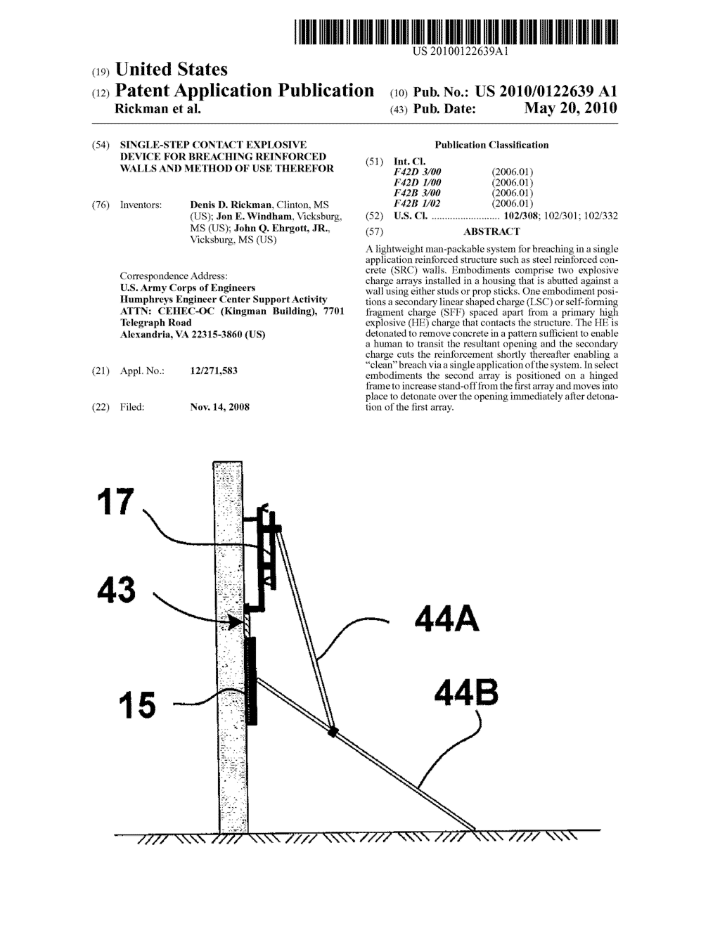 SINGLE-STEP CONTACT EXPLOSIVE DEVICE FOR BREACHING REINFORCED WALLS AND METHOD OF USE THEREFOR - diagram, schematic, and image 01