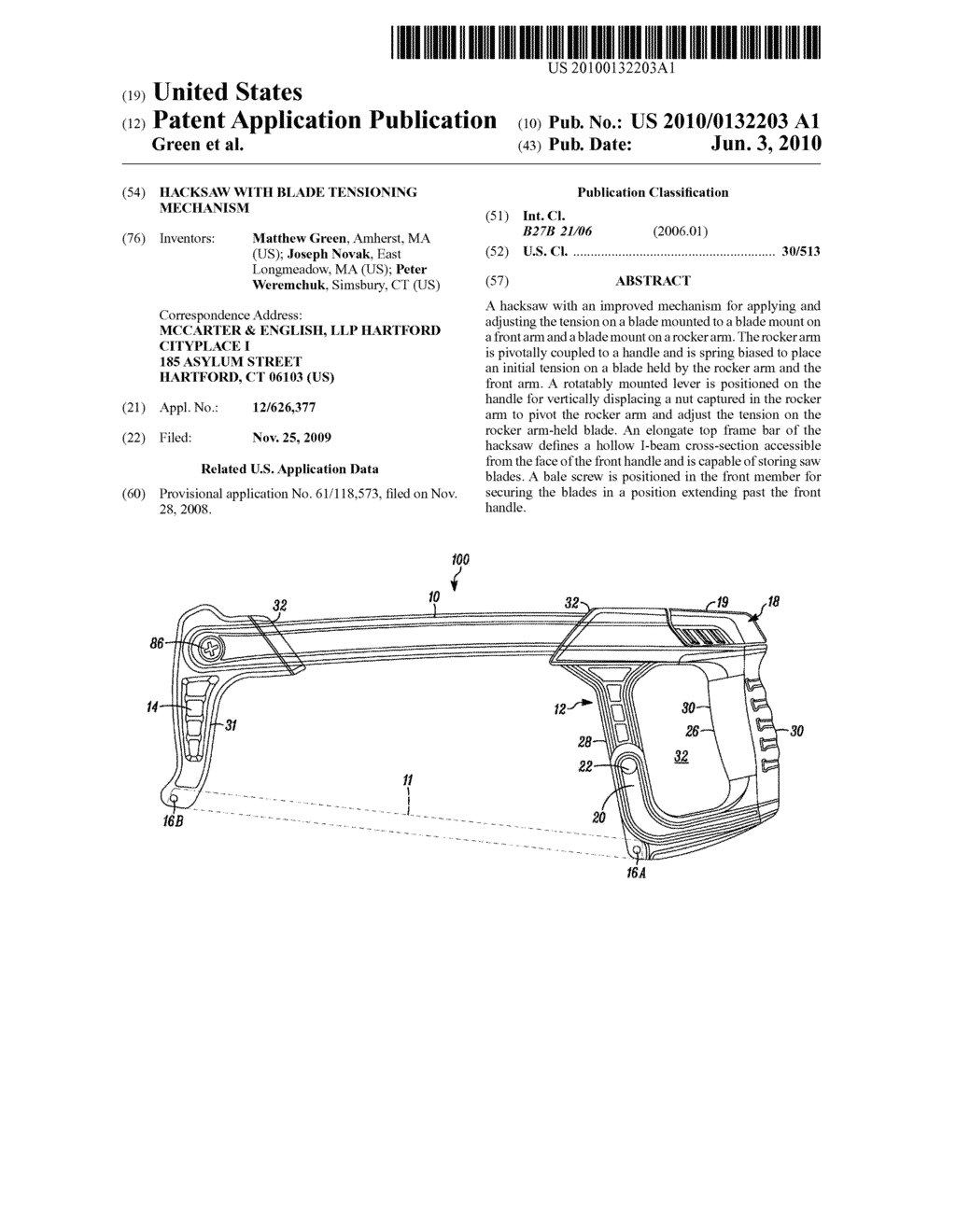 Hacksaw with Blade Tensioning Mechanism - diagram, schematic, and image 01