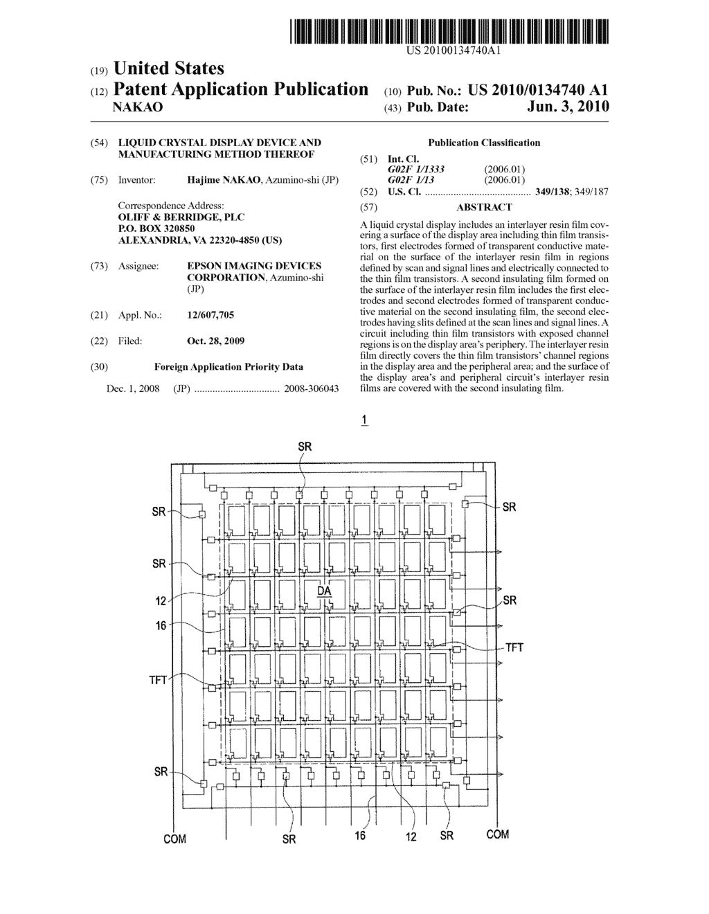 LIQUID CRYSTAL DISPLAY DEVICE AND MANUFACTURING METHOD THEREOF - diagram, schematic, and image 01