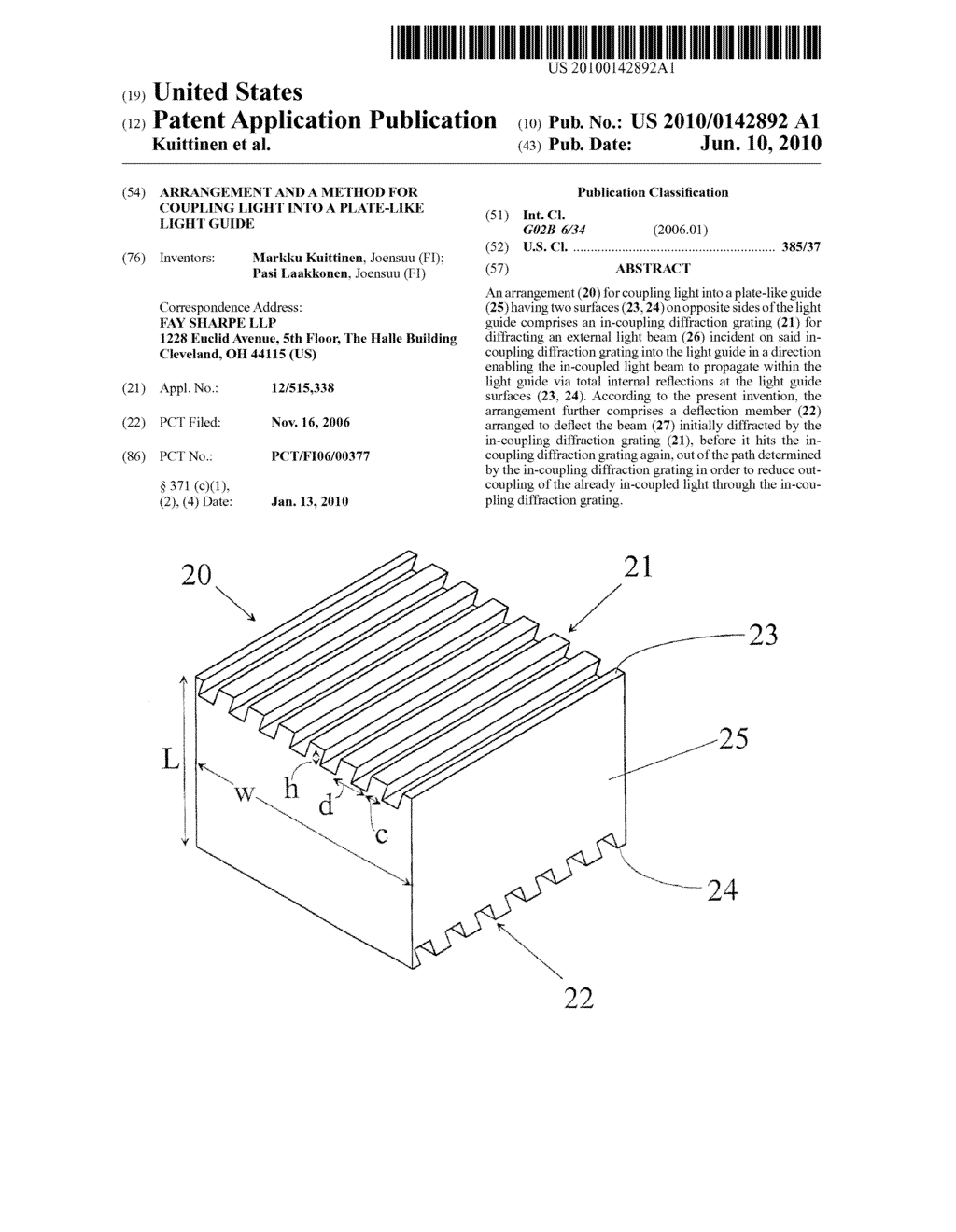 ARRANGEMENT AND A METHOD FOR COUPLING LIGHT INTO A PLATE-LIKE LIGHT GUIDE - diagram, schematic, and image 01