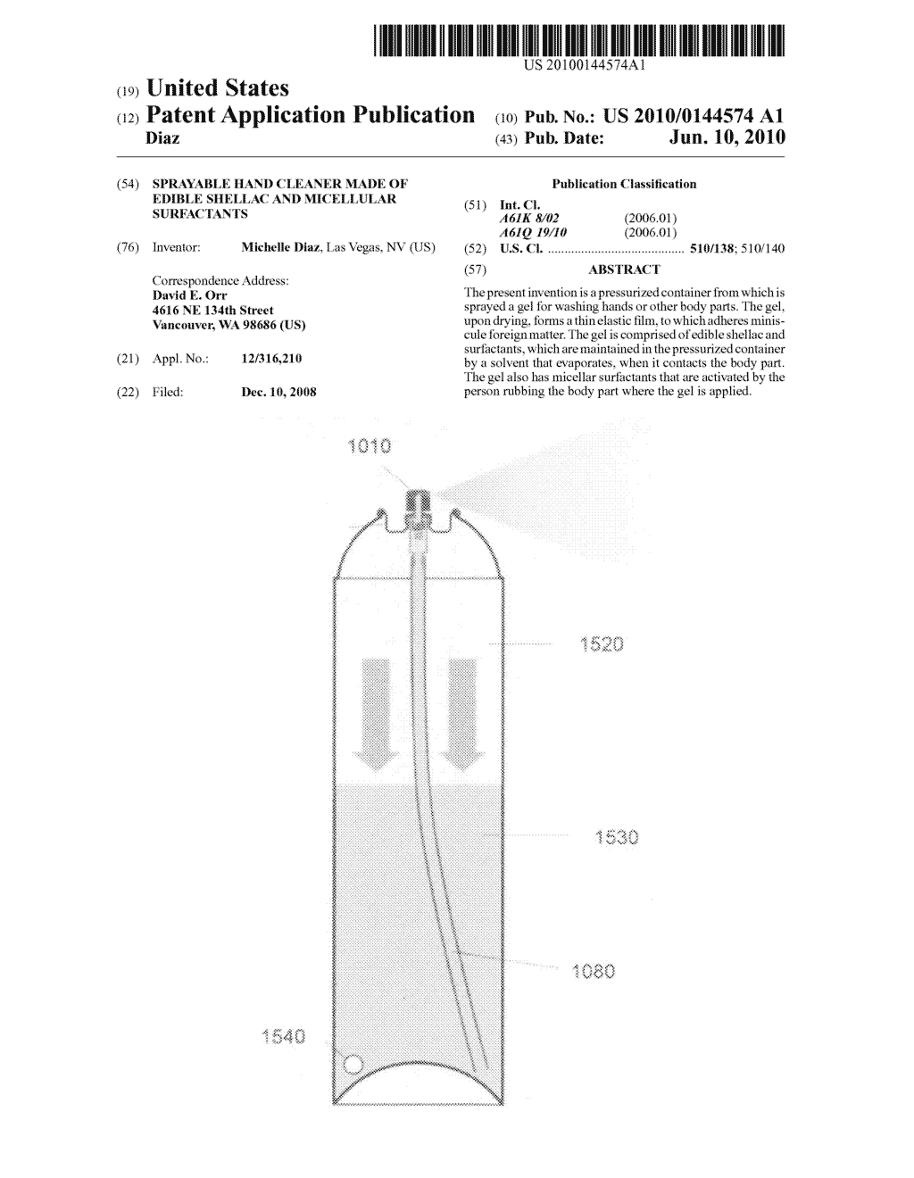 Sprayable hand cleaner made of edible shellac and micellular surfactants - diagram, schematic, and image 01