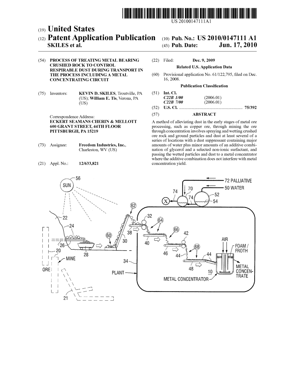 PROCESS OF TREATING METAL BEARING CRUSHED ROCK TO CONTROL RESPIRABLE DUST DURING TRANSPORT IN THE PROCESS INCLUDING A METAL CONCENTRATING CIRCUIT - diagram, schematic, and image 01