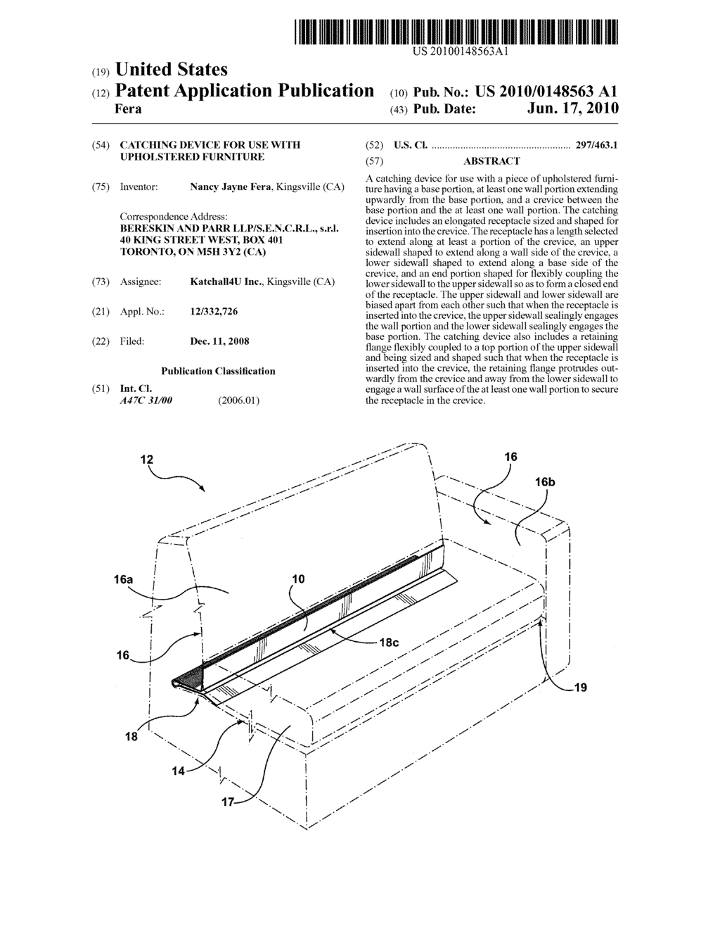 CATCHING DEVICE FOR USE WITH UPHOLSTERED FURNITURE - diagram, schematic, and image 01