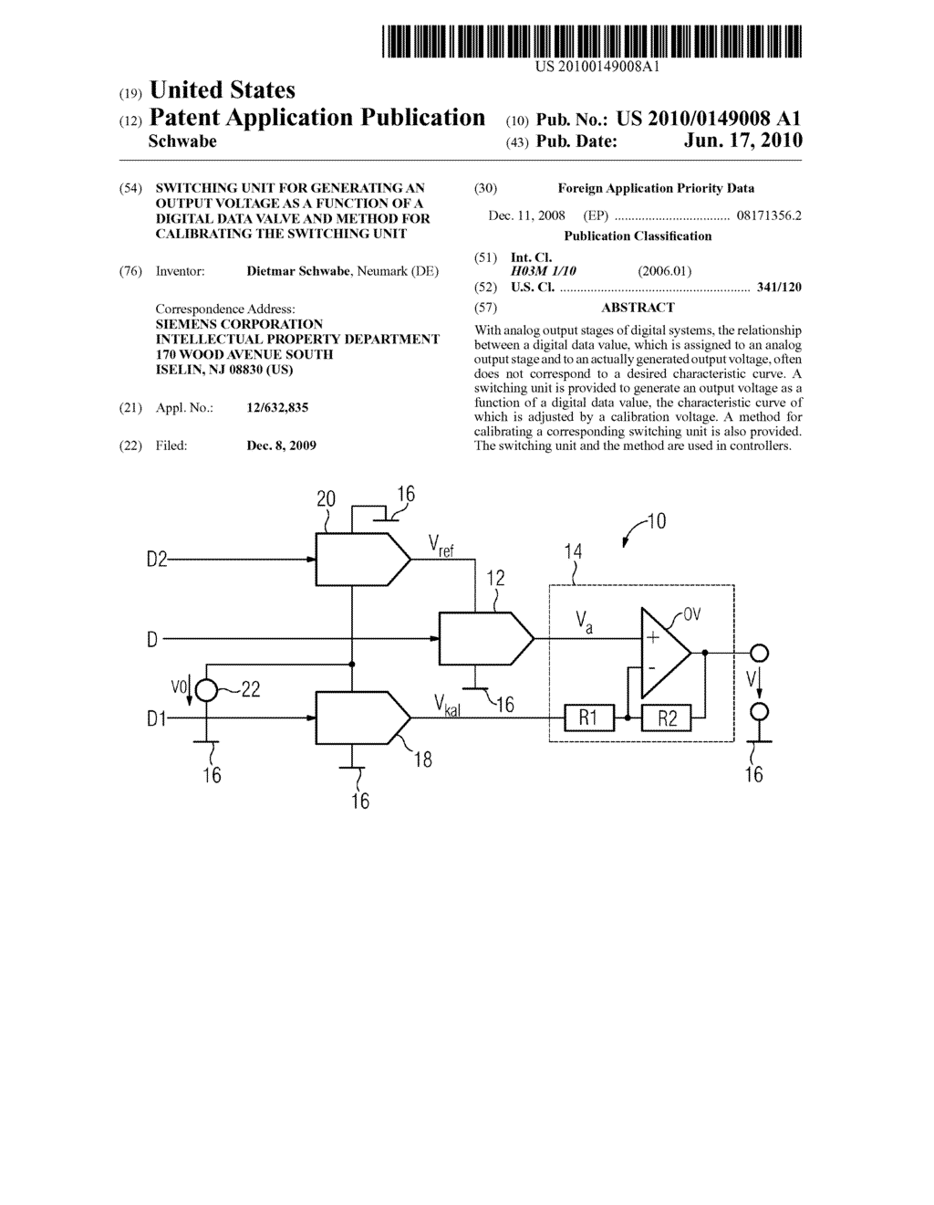 Switching unit for generating an output voltage as a function of a digital data valve and method for calibrating the switching unit - diagram, schematic, and image 01