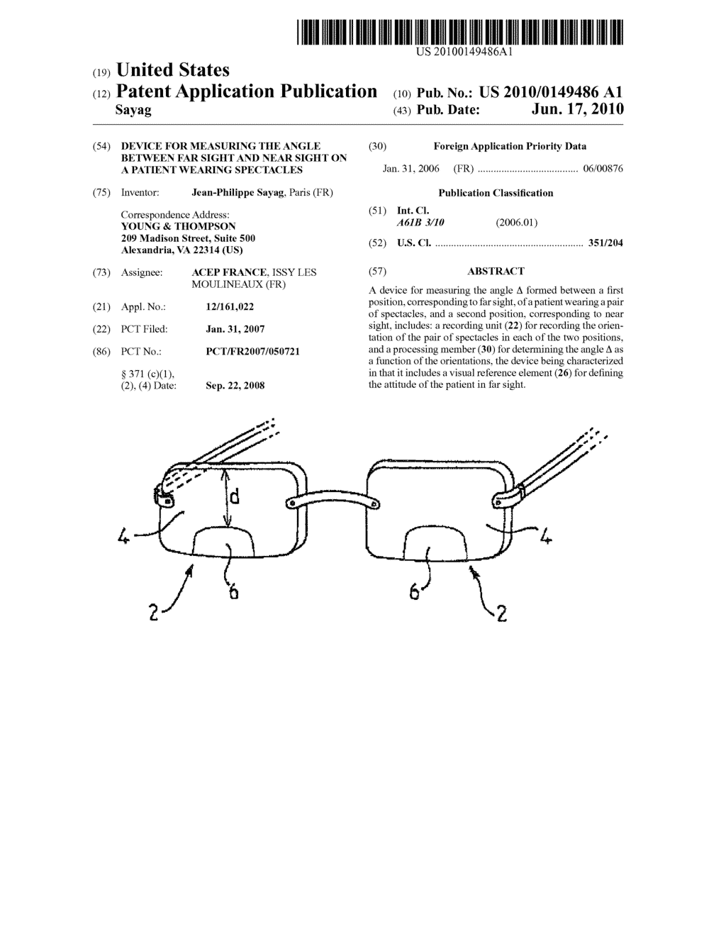 DEVICE FOR MEASURING THE ANGLE BETWEEN FAR SIGHT AND NEAR SIGHT ON A PATIENT WEARING SPECTACLES - diagram, schematic, and image 01