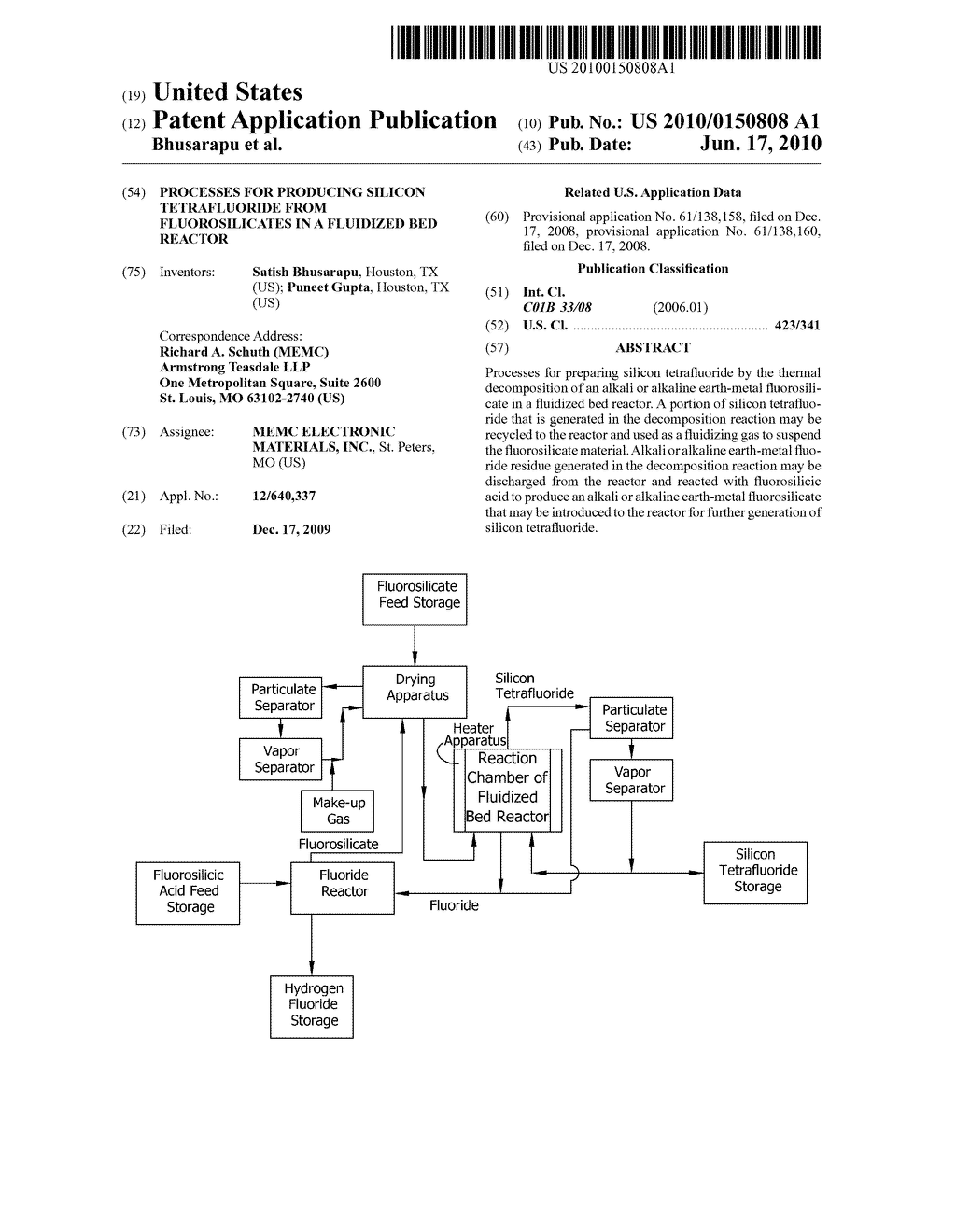 PROCESSES FOR PRODUCING SILICON TETRAFLUORIDE FROM FLUOROSILICATES IN A FLUIDIZED BED REACTOR - diagram, schematic, and image 01