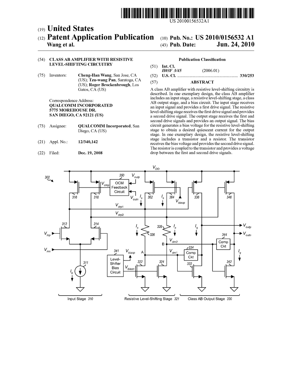 CLASS AB AMPLIFIER WITH RESISTIVE LEVEL-SHIFTING CIRCUITRY - diagram, schematic, and image 01