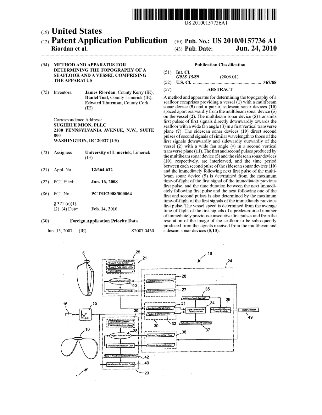 METHOD AND APPARATUS FOR DETERMINING THE TOPOGRAPHY OF A SEAFLOOR AND A VESSEL COMPRISING THE APPARATUS - diagram, schematic, and image 01