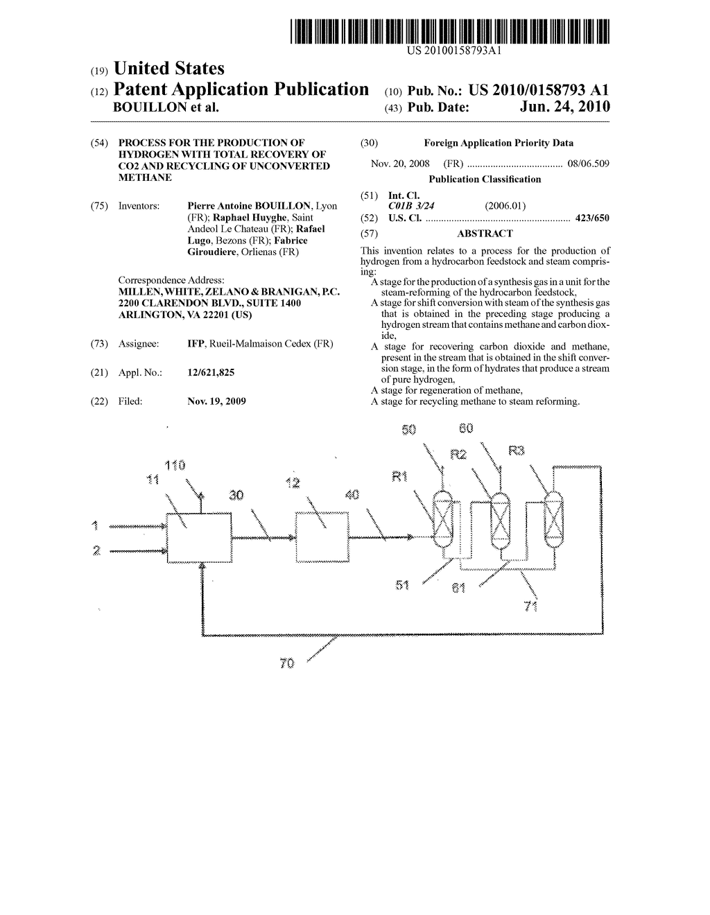 PROCESS FOR THE PRODUCTION OF HYDROGEN WITH TOTAL RECOVERY OF CO2 AND RECYCLING OF UNCONVERTED METHANE - diagram, schematic, and image 01