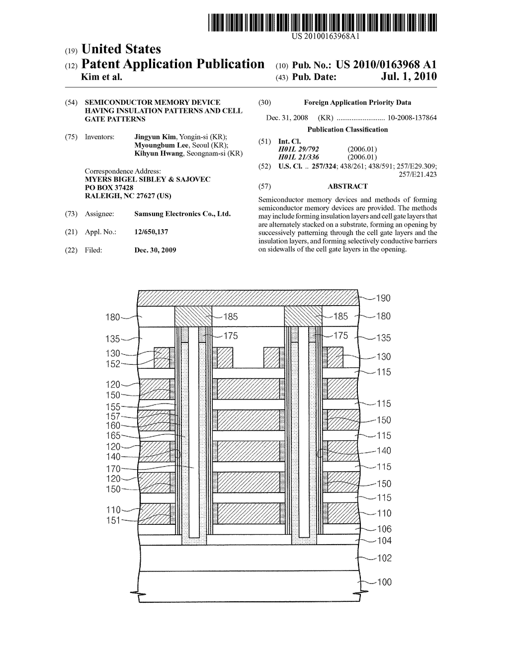 SEMICONDUCTOR MEMORY DEVICE HAVING INSULATION PATTERNS AND CELL GATE PATTERNS - diagram, schematic, and image 01