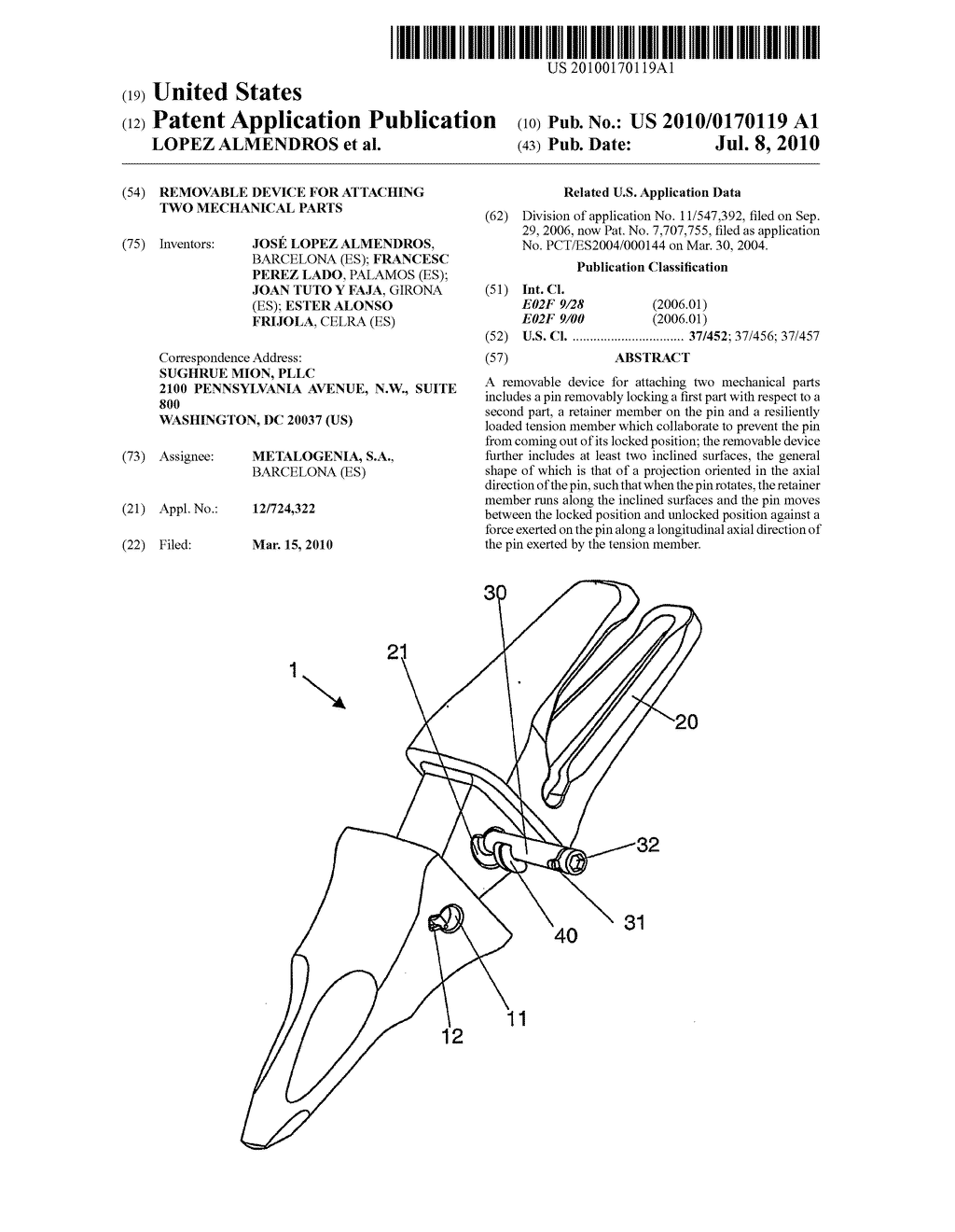 REMOVABLE DEVICE FOR ATTACHING TWO MECHANICAL PARTS - diagram, schematic, and image 01