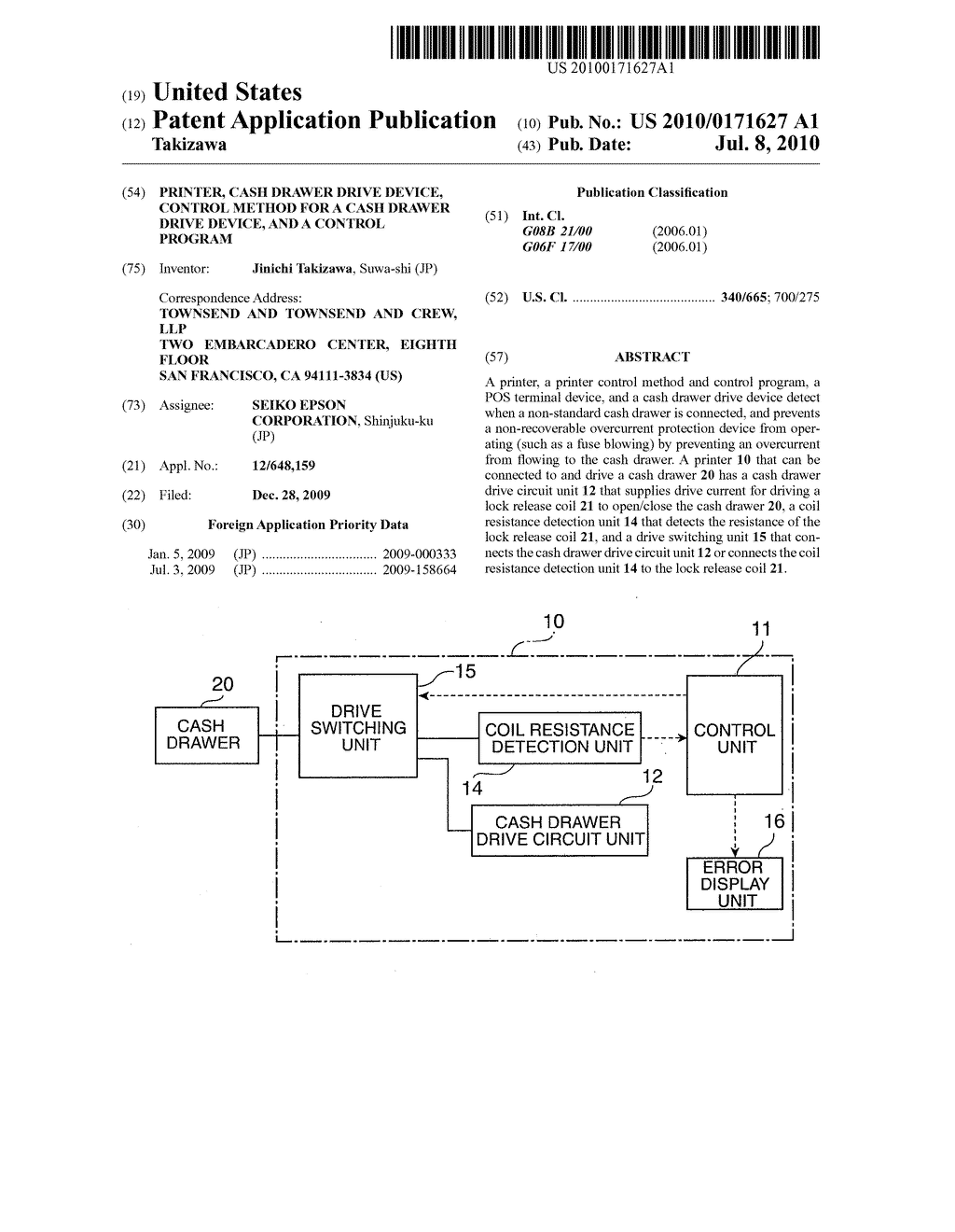 Printer, cash drawer drive device, control method for a cash drawer drive device, and a control program - diagram, schematic, and image 01