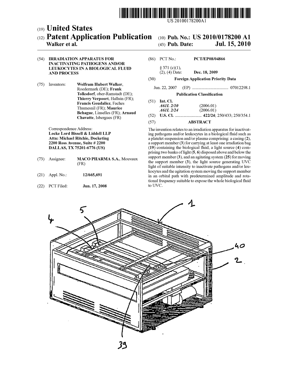 IRRADIATION APPARATUS FOR INACTIVATING PATHOGENS AND/OR LEUKOCYTES IN A BIOLOGICAL FLUID AND PROCESS - diagram, schematic, and image 01