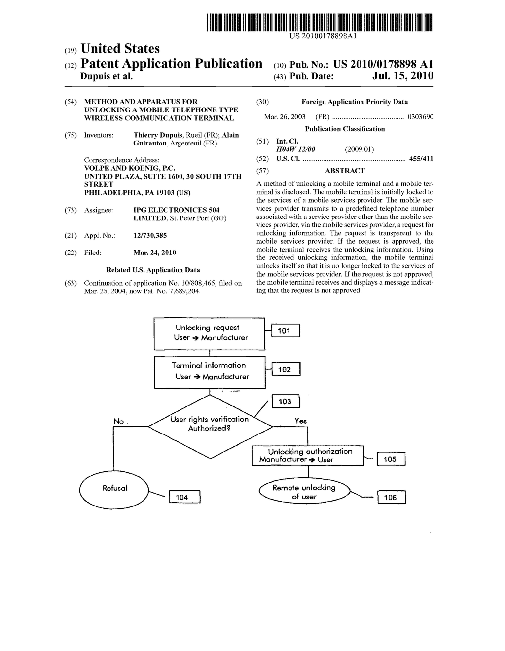 METHOD AND APPARATUS FOR UNLOCKING A MOBILE TELEPHONE TYPE WIRELESS COMMUNICATION TERMINAL - diagram, schematic, and image 01