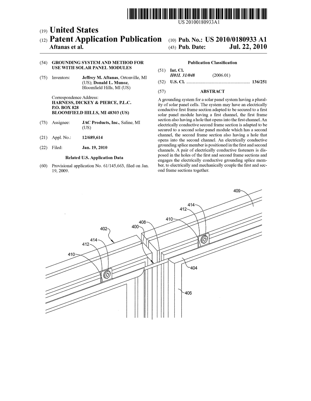 GROUNDING SYSTEM AND METHOD FOR USE WITH SOLAR PANEL MODULES - diagram, schematic, and image 01