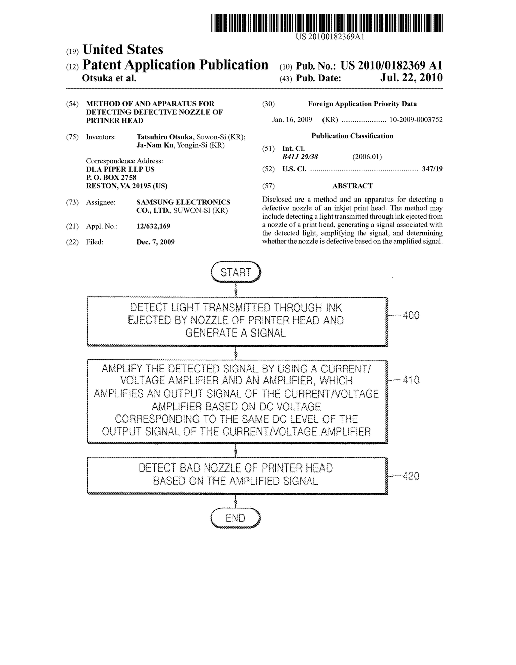 METHOD OF AND APPARATUS FOR DETECTING DEFECTIVE NOZZLE OF PRTINER HEAD - diagram, schematic, and image 01