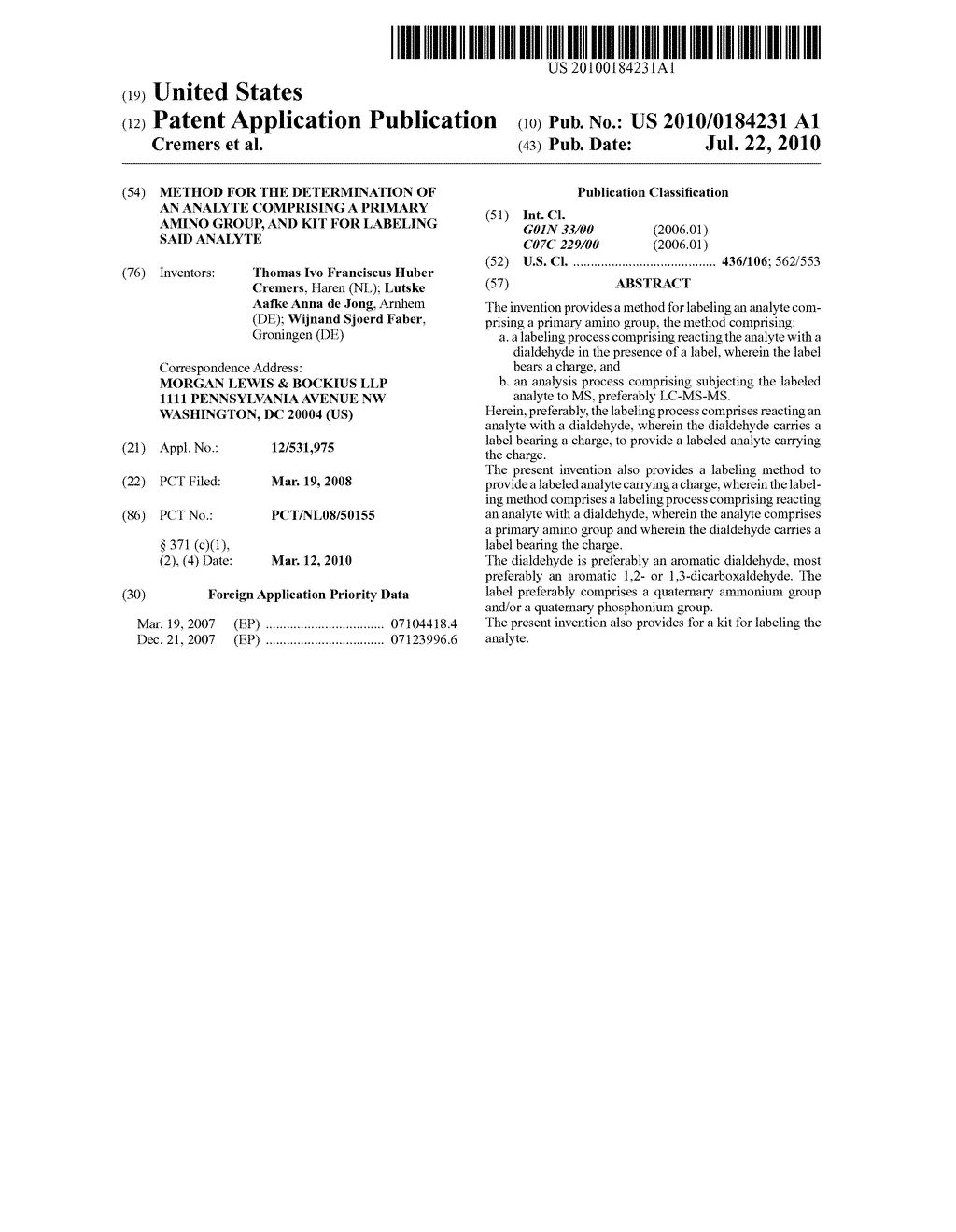 Method for the determination of an analyte comprising a primary amino group, and kit for labeling said analyte - diagram, schematic, and image 01