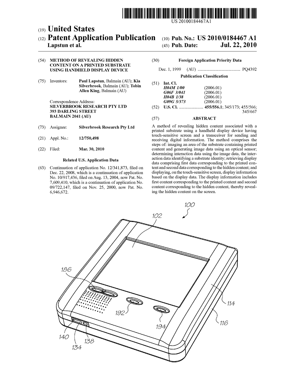 METHOD OF REVEALING HIDDEN CONTENT ON A PRINTED SUBSTRATE USING HANDHELD DISPLAY DEVICE - diagram, schematic, and image 01