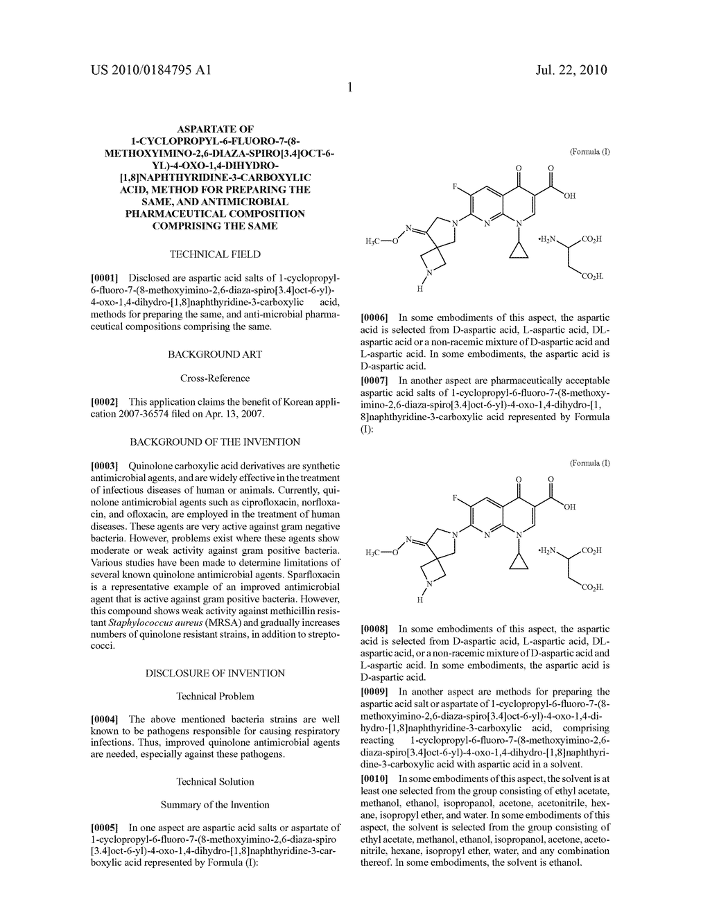 ASPARTATE OF 1-CYCLOPROPYL-6-FLUORO-7-(8-METHOXYIMINO-2,6-DIAZA-SPIRO[3.4]OCT-6-YL)-4-- OXO-1,4-DIHYDRO-[1,8]NAPHTHYRIDINE-3-CARBOXYLIC ACID, METHOD FOR PREPARING THE SAME, AND ANTIMICROBIAL PHARMACEUTICAL COMPOSITION COMPRISING THE SAME - diagram, schematic, and image 02