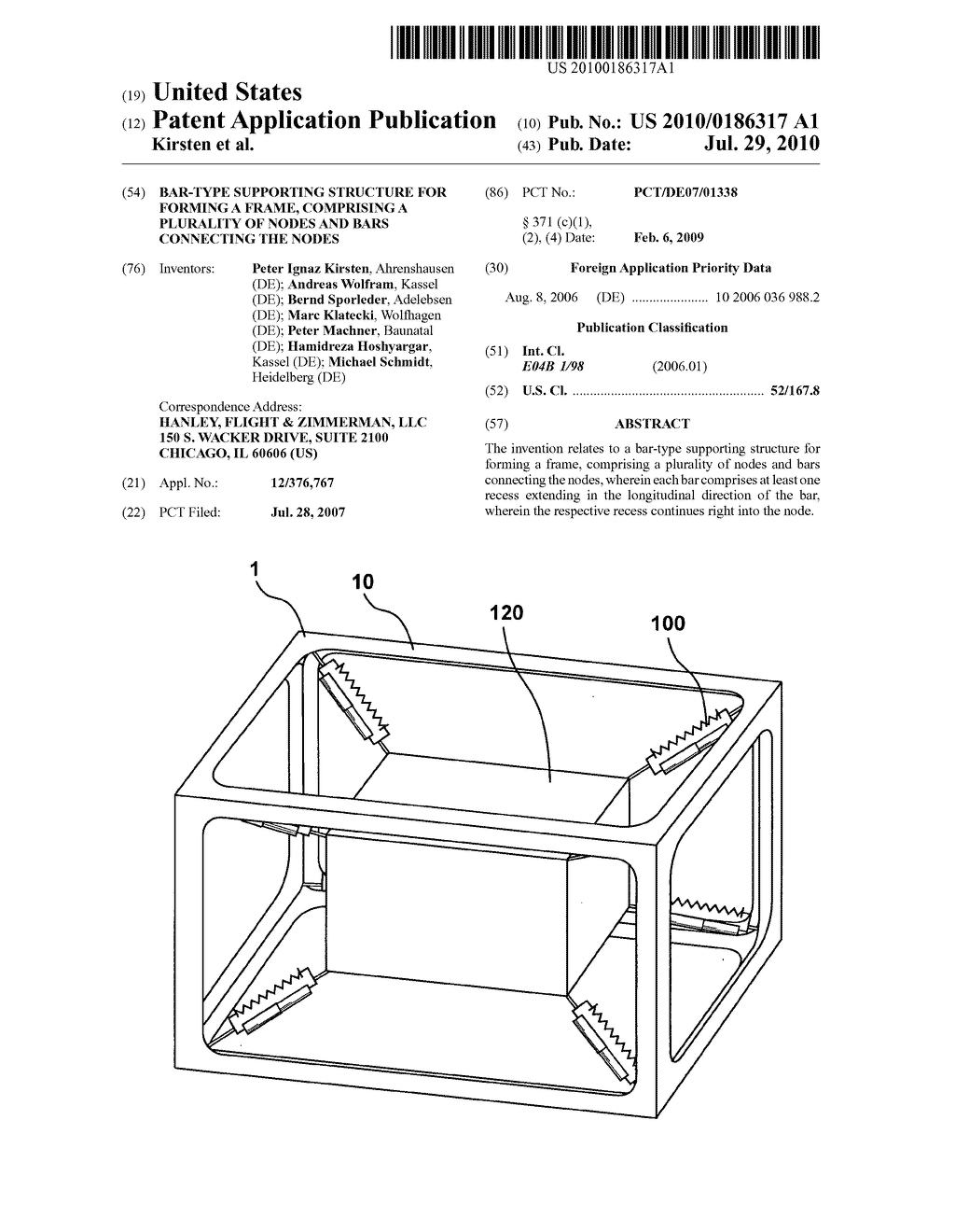 BAR-TYPE SUPPORTING STRUCTURE FOR FORMING A FRAME, COMPRISING A PLURALITY OF NODES AND BARS CONNECTING THE NODES - diagram, schematic, and image 01